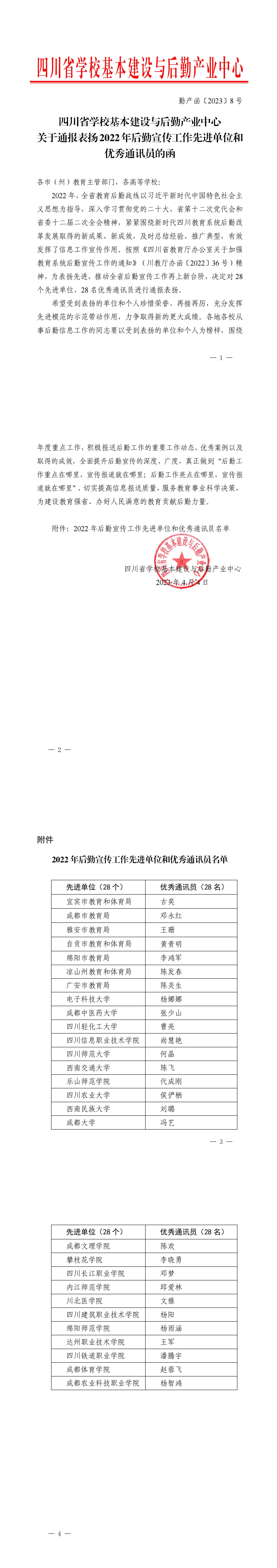 收文（2023）424号：关于通报表扬2022年后勤宣传工作先进单位和优秀通讯员的函（勤产函〔2023〕8号_00.jpg